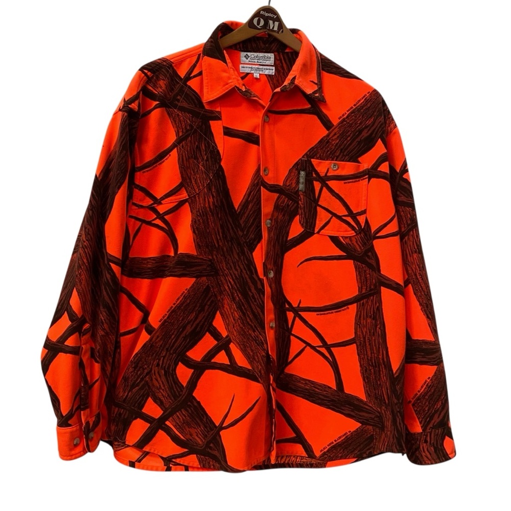 Vintage 80s Columbia Orange Camo Seleca Ridge Blazecamo Hunting Shirt Mens L
